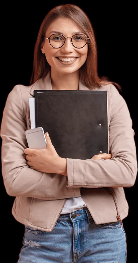Professional female home tutor smiling while holding a folder and phone