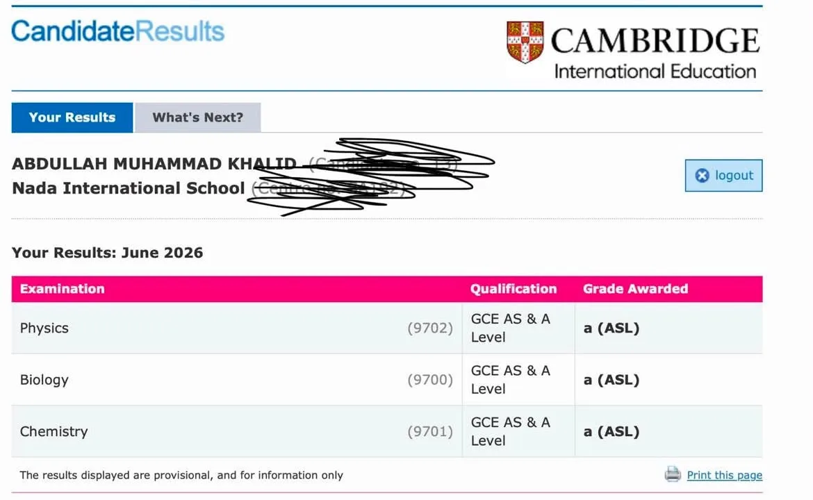 Cambridge Candidate Results page for Abdullah Muhammad Khalid, Cambridge AS Level, June 2026, candidate and centre numbers hidden