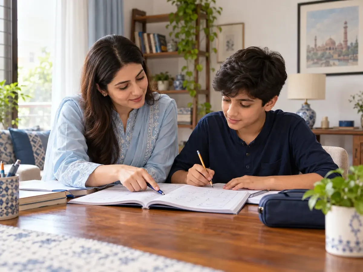 A Roots Home Tutors tutor working through a textbook with a student at home in Lahore