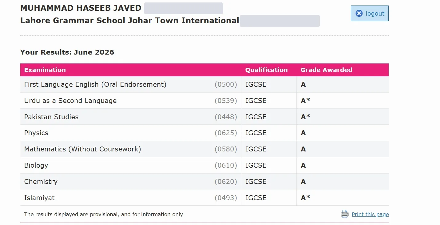 Cambridge Candidate Results page for Muhammad Haseeb Javed, Cambridge IGCSE, June 2026, candidate and centre numbers hidden